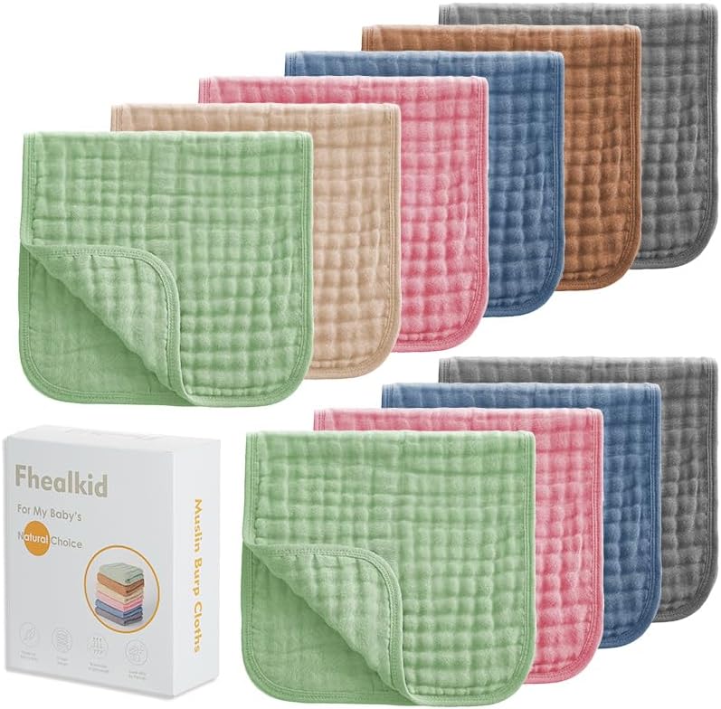 Fhealkid Muslin Burp Cloths Sets Newborn Baby Boy Essentials Must Haves 100% Cotton 10 Pack 22" X 10",6-Layer Baby Bibs & Burp Cloths for Baby Drool and Messes - Soft, Safe & Gentle for Boys & Girls Multi - Image 1